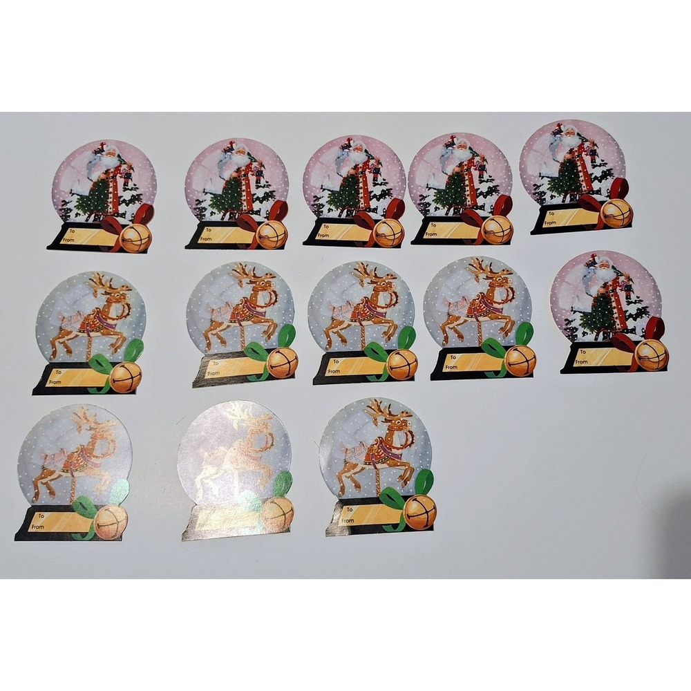 vintage lot of 13 Snow Globe Christmas Gift Tags Santa Reindeer bells self stick